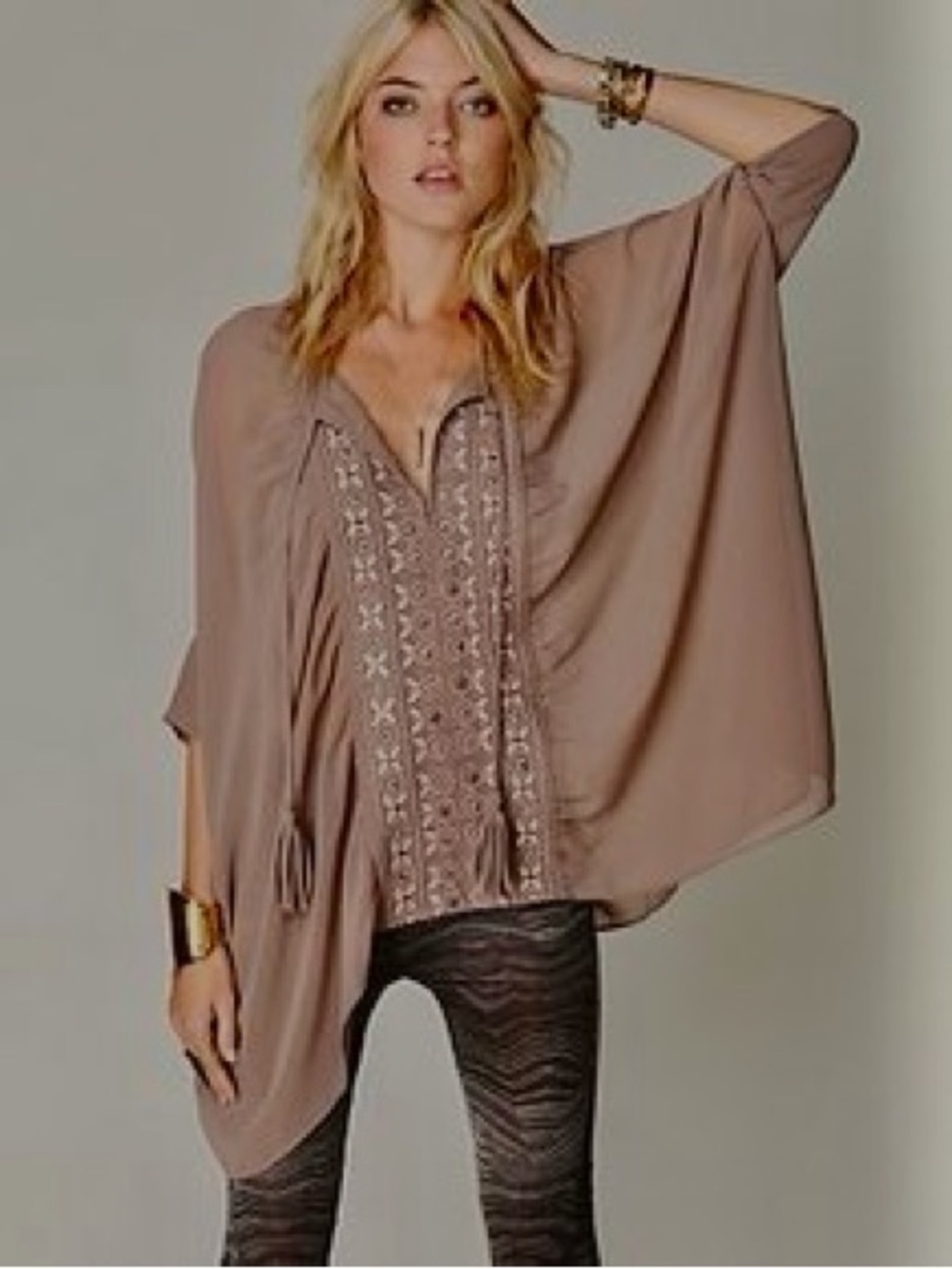 Free People Taupe Embroidered Batwing Tunic